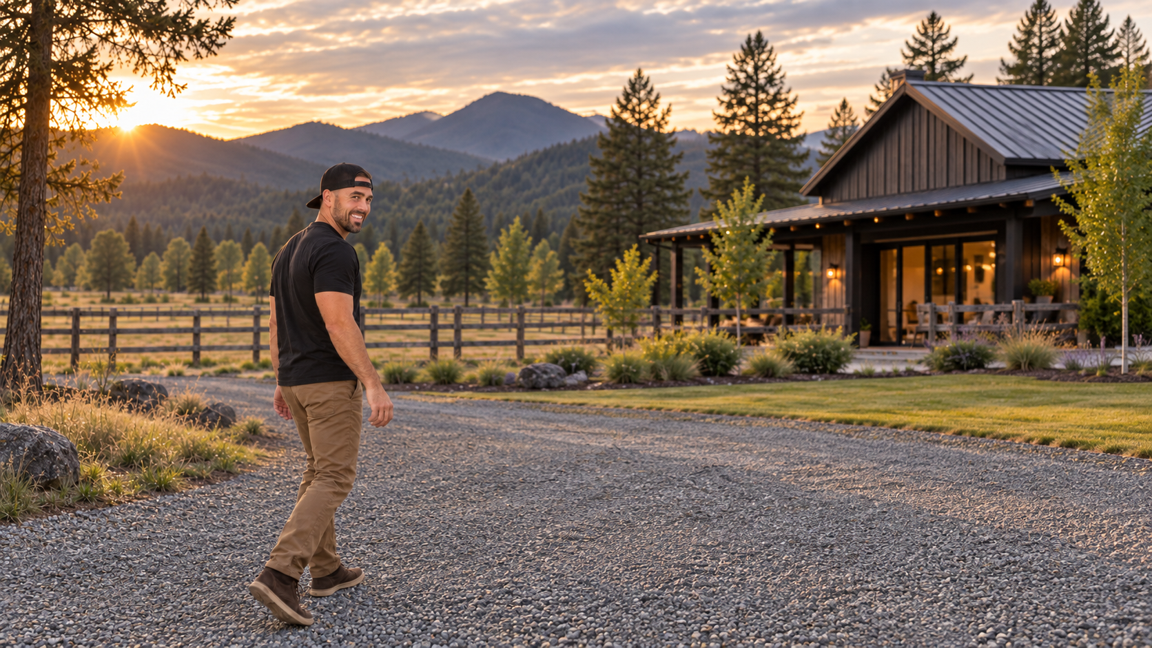 Daniel Bifano walking the gravel drive of a rural Southern Oregon home at sunset, with fenced pasture and the Rogue Valley hills behind