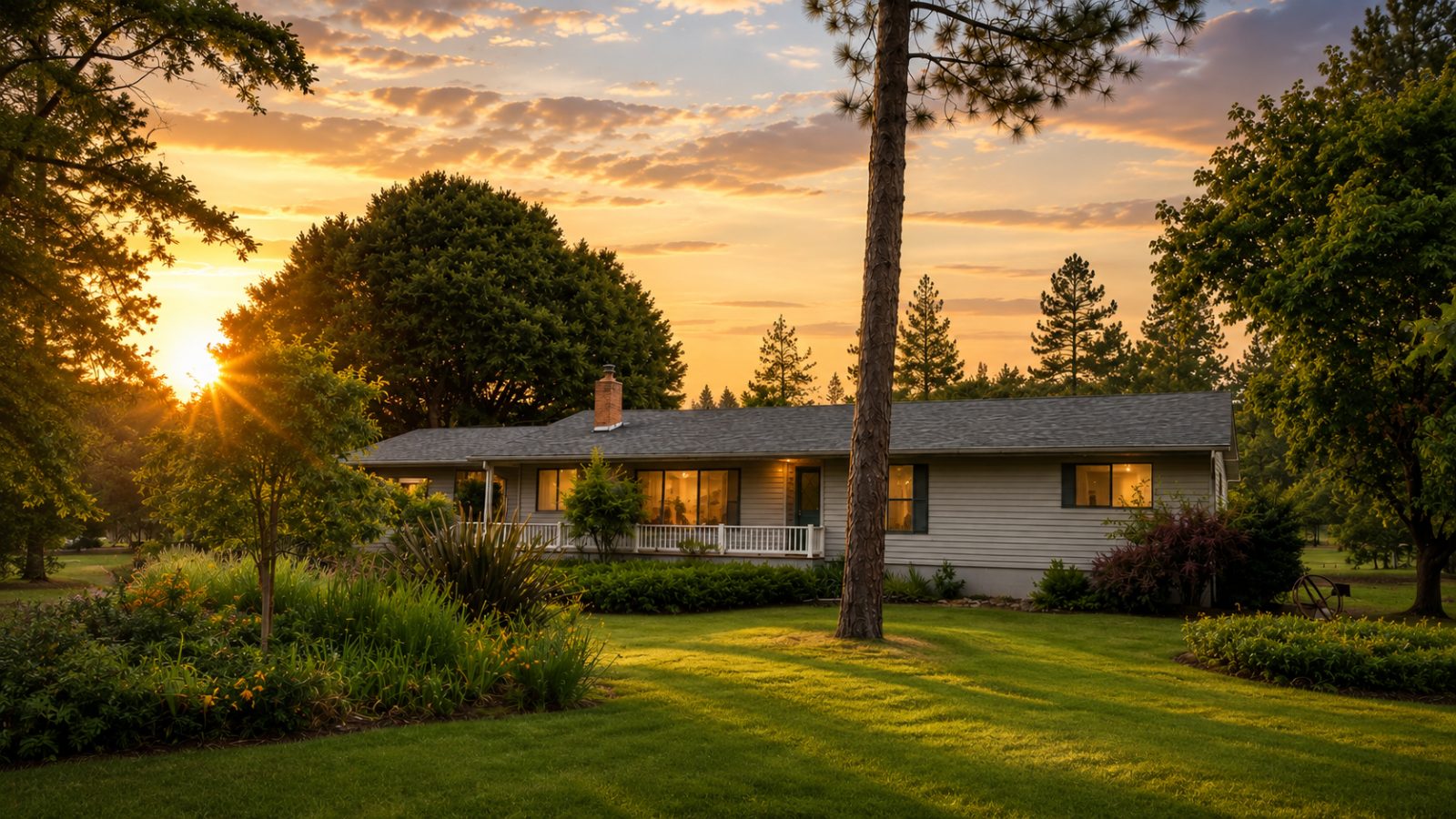 Sunset over a single-level home with a covered front porch and mature trees in Grants Pass, Oregon