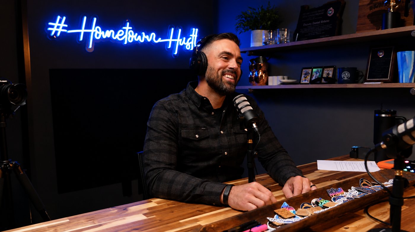 Daniel Bifano recording the Hometown Hustle podcast in Grants Pass